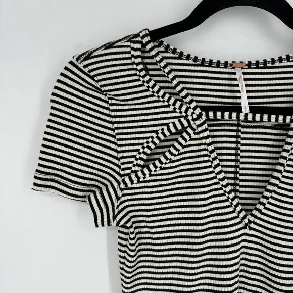 Free People Frenchie Striped Cutout Knit Tee Black/Ivory Small - Picture 3 of 8